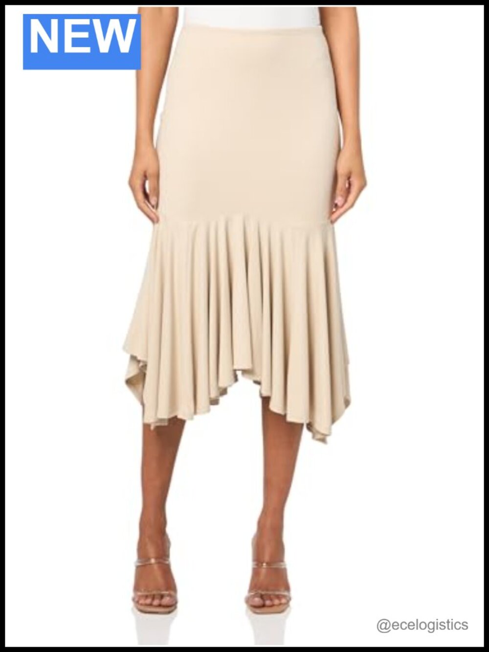 GUESS Eco Kenzie Midi Skirt Flounce Seam Elastic Waistband High Rise